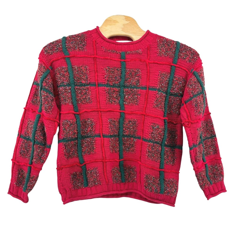 Vintage All Week Long Red Plaid Textured Knit Sweater Women's Medium Christmas
